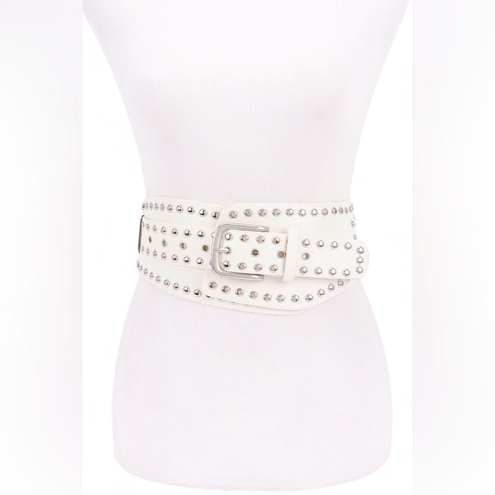 Vegan Leather Studded Statement Belt - Black, Brown, White